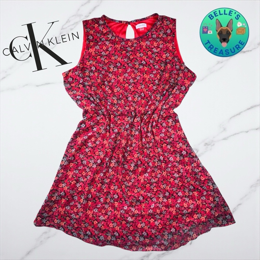 Calvin Klein Dress Womens 22W Kari Shift Chiffon Trapeze Red Floral Tea Vacation